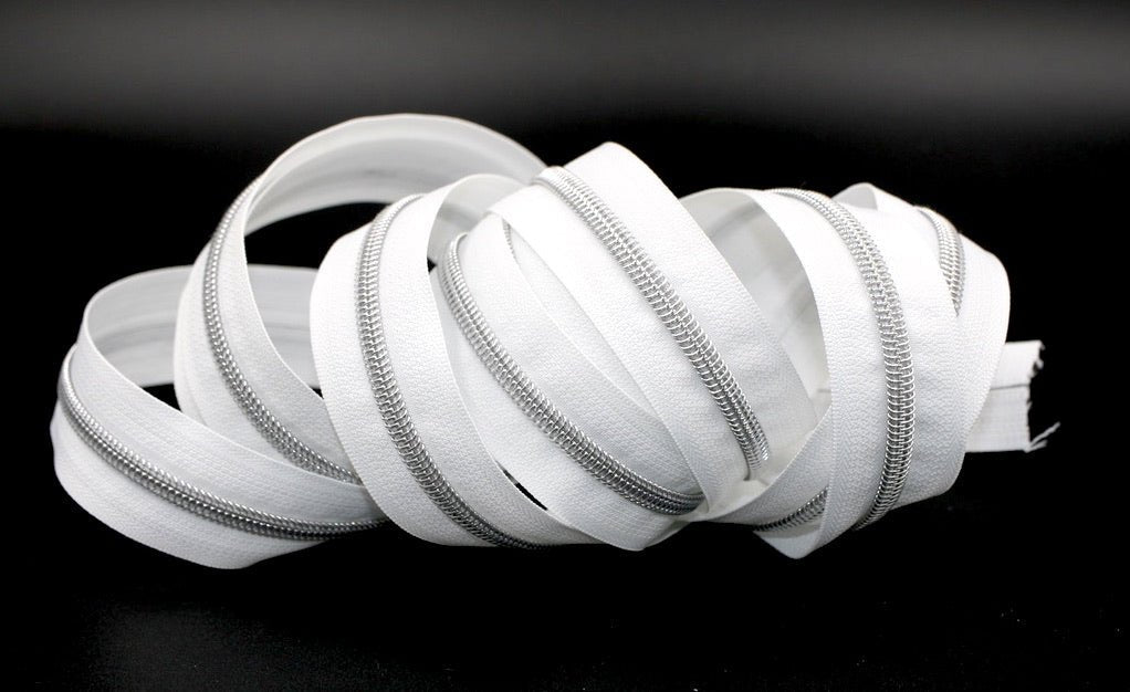 White- #5 Silver Nylon Coil Zipper Tape