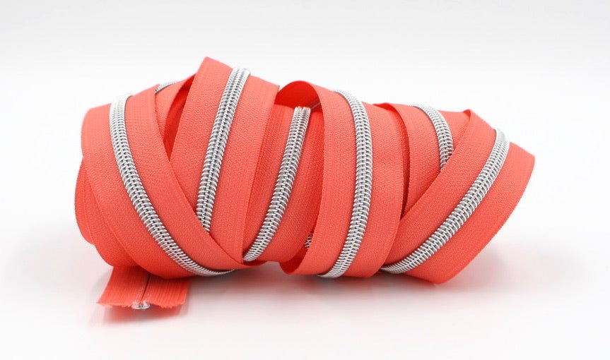 Coral- #5 Silver Nylon Coil Zipper Tape