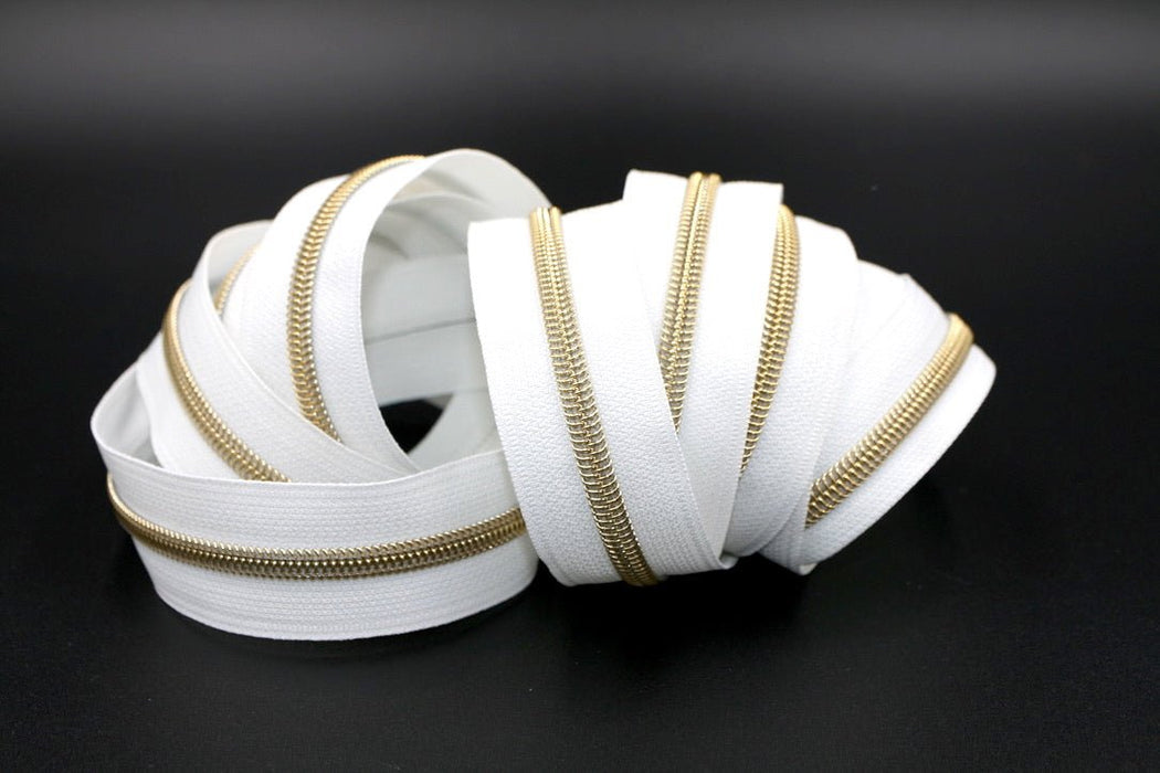 White- #5 Gold Nylon Coil Zipper Tape