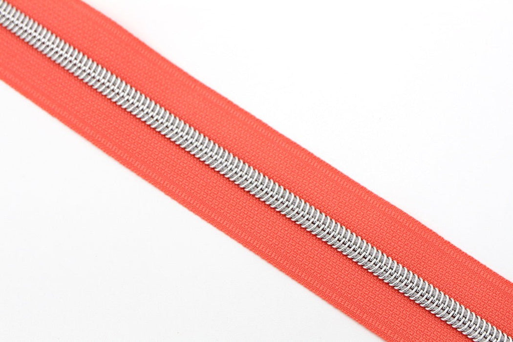 Coral- #5 Silver Nylon Coil Zipper Tape