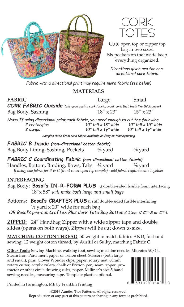 Aunties Two- Cork Tote Pattern
