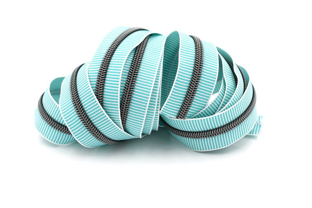 Teal Zebra Stripes- #5 Gunmetal Nylon Coil Zipper Tape