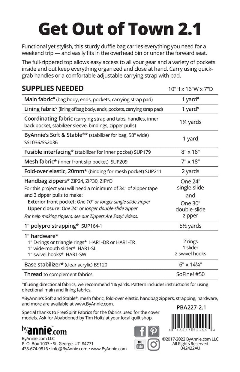 By Annie- Get Out of Town Duffle II Pattern