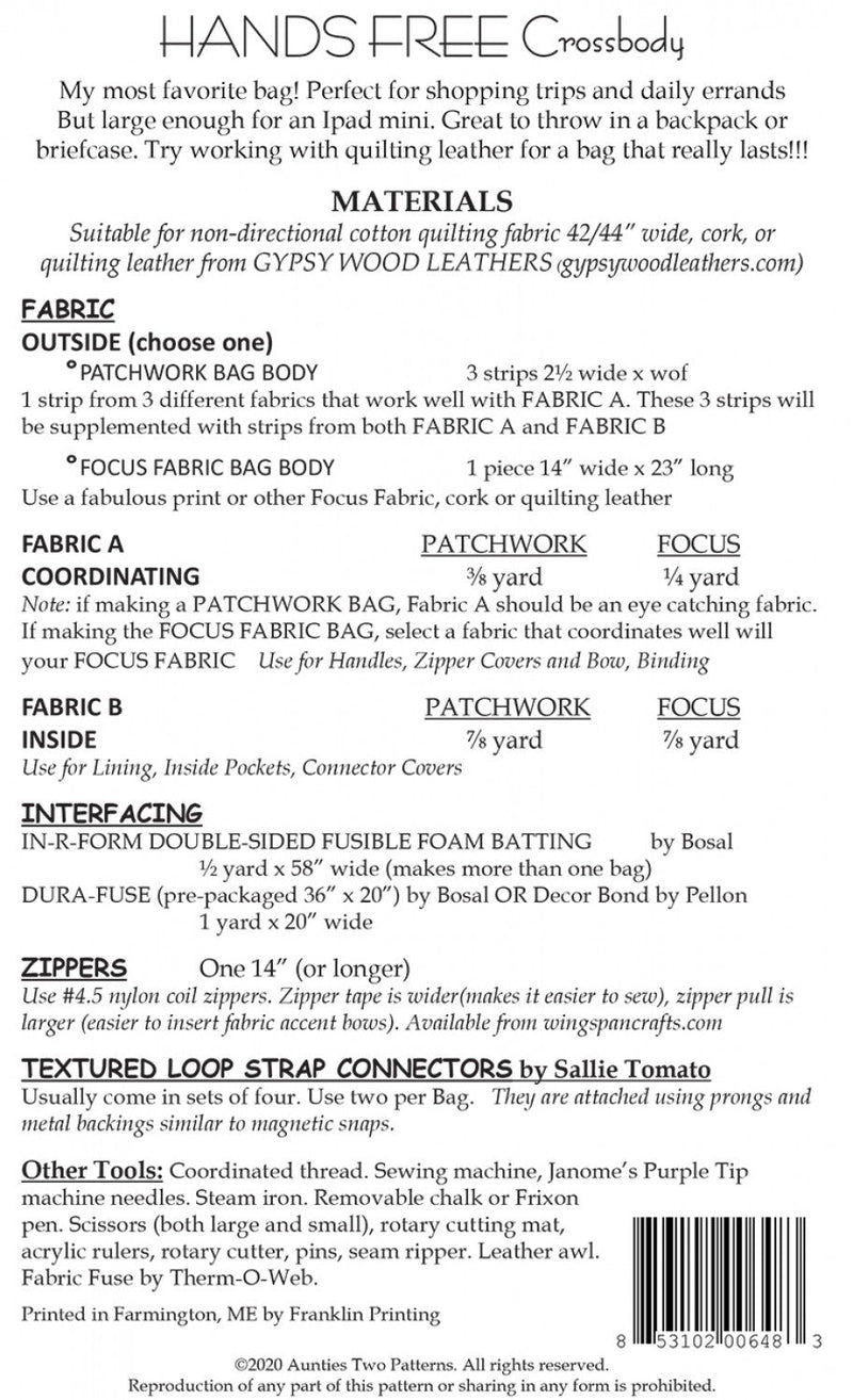 Aunties Two- Hands Free Crossbody Pattern - Modern Fabric Shoppe