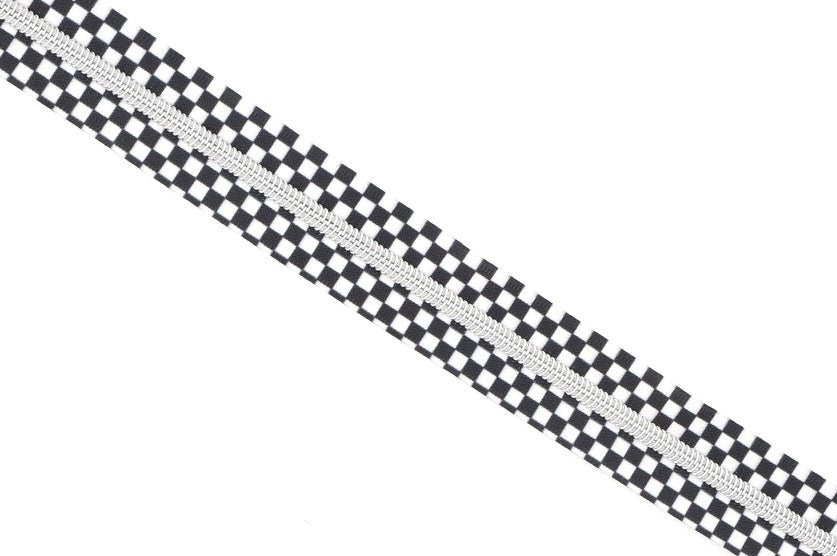 Black and White Checkerboard- #5 Silver Nylon Coil Zipper Tape - Modern Fabric Shoppe