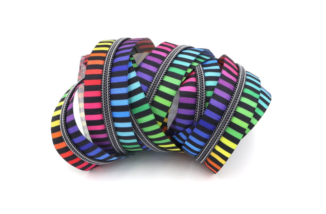 Black Rainbow Stripe- #5 Gunmetal Nylon Coil Zipper Tape - Modern Fabric Shoppe