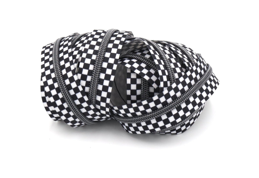 Black & White Checkerboard- #5 Gunmetal Nylon Coil Zipper Tape - Modern Fabric Shoppe