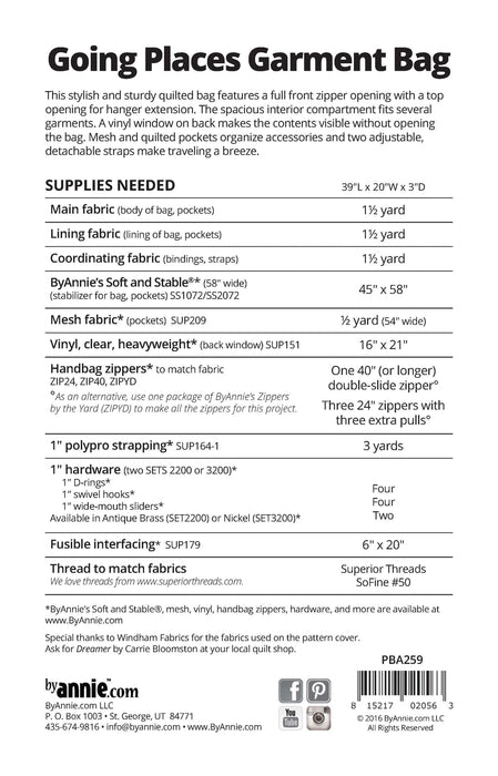 By Annie- Going Places Garment Bag Pattern