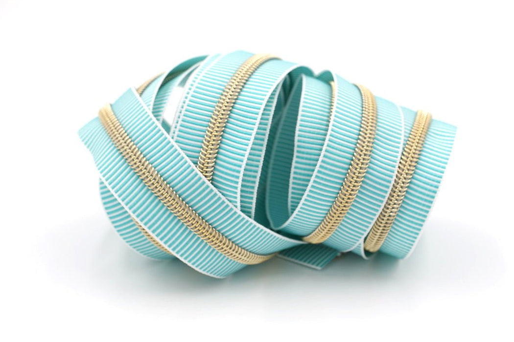 Teal Zebra Stripe- #5 Gold Nylon Coil Zipper Tape