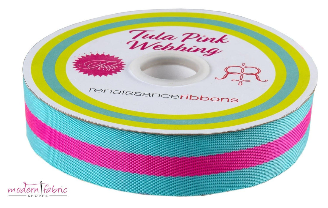 Tula Pink Webbing 1-1/2" (38mm) wide, Aqua and Hot Pink.