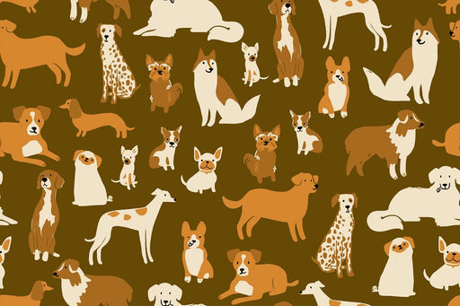 PRE-ORDER Dog Park by Sarah Watts- Dog Medley RS 2094 15-Cocoa- Half Yard- May 2024 - Modern Fabric Shoppe