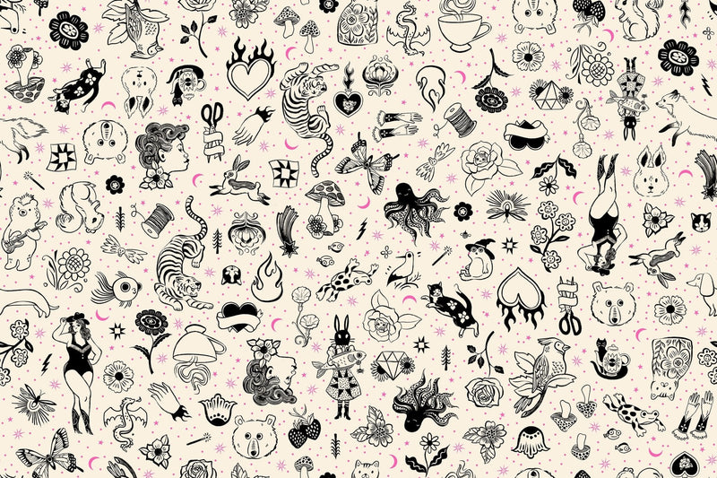 PRE - ORDER Ink Shop by Sarah Watts - Tattoo Flash RS 2145 11 - Natural - Half Yard - October 2026 - Modern Fabric Shoppe