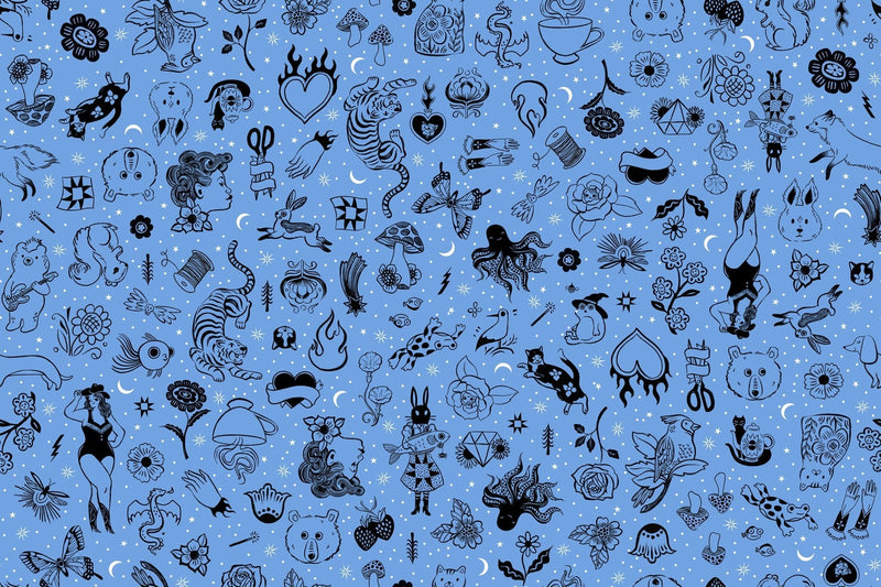 PRE - ORDER Ink Shop by Sarah Watts - Tattoo Flash RS 2145 13 - Lindley Blue - Half Yard - October 2026 - Modern Fabric Shoppe