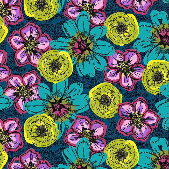 PRE - Order Natalie Barnes - Winding Road - Flower Fields 55006 - 2 Teal - Half Yard - March 2026 - Modern Fabric Shoppe