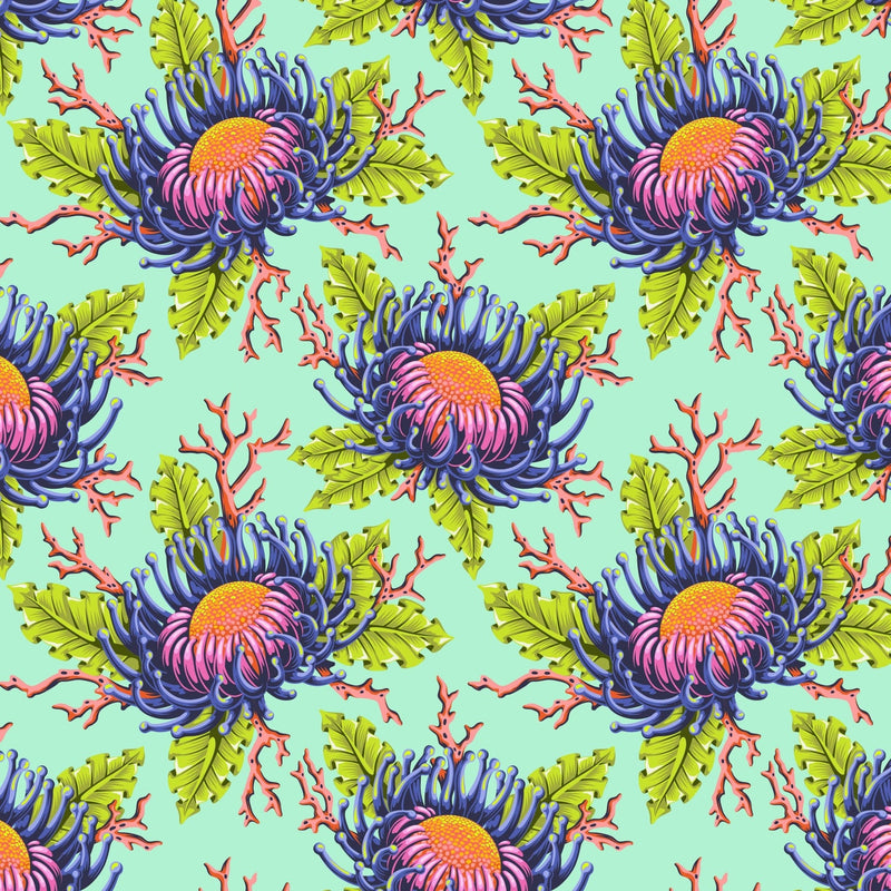 PRE - Order Tula Pink Floral Reef - Friends & Anemones PWTP265.SEAFOAM - Half Yard - April 2026 - Modern Fabric Shoppe