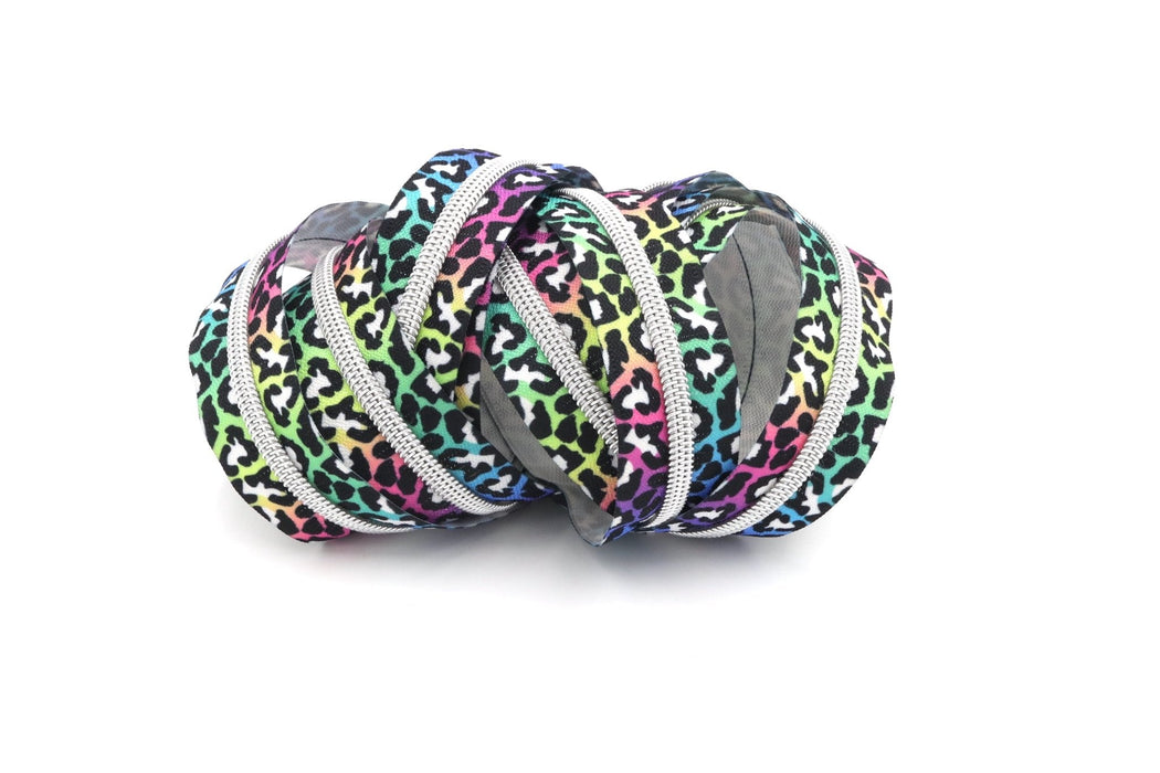 Rainbow Leopard- #5 Silver Nylon Coil Zipper Tape - Modern Fabric Shoppe