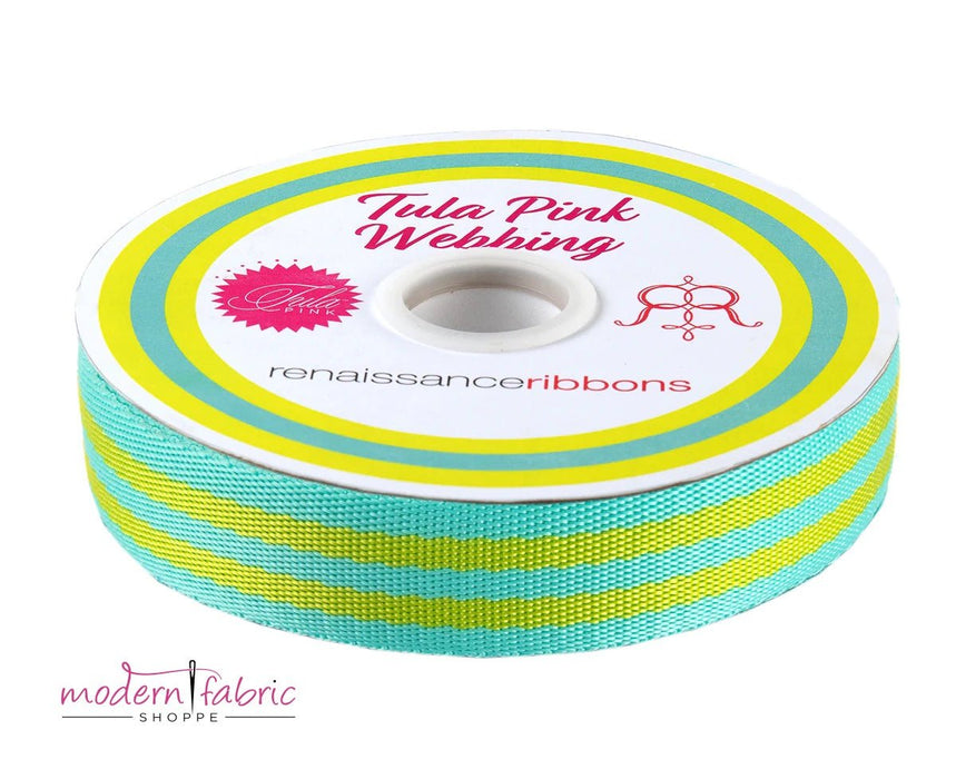 Tula Pink Webbing 1" (25mm) wide, Lime and Turquoise