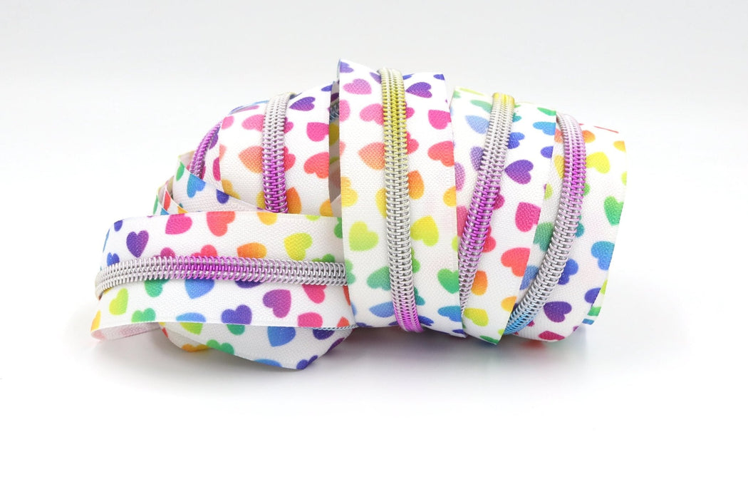 White Hearts- #5 Rainbow Nylon Coil Zipper Tape - Modern Fabric Shoppe
